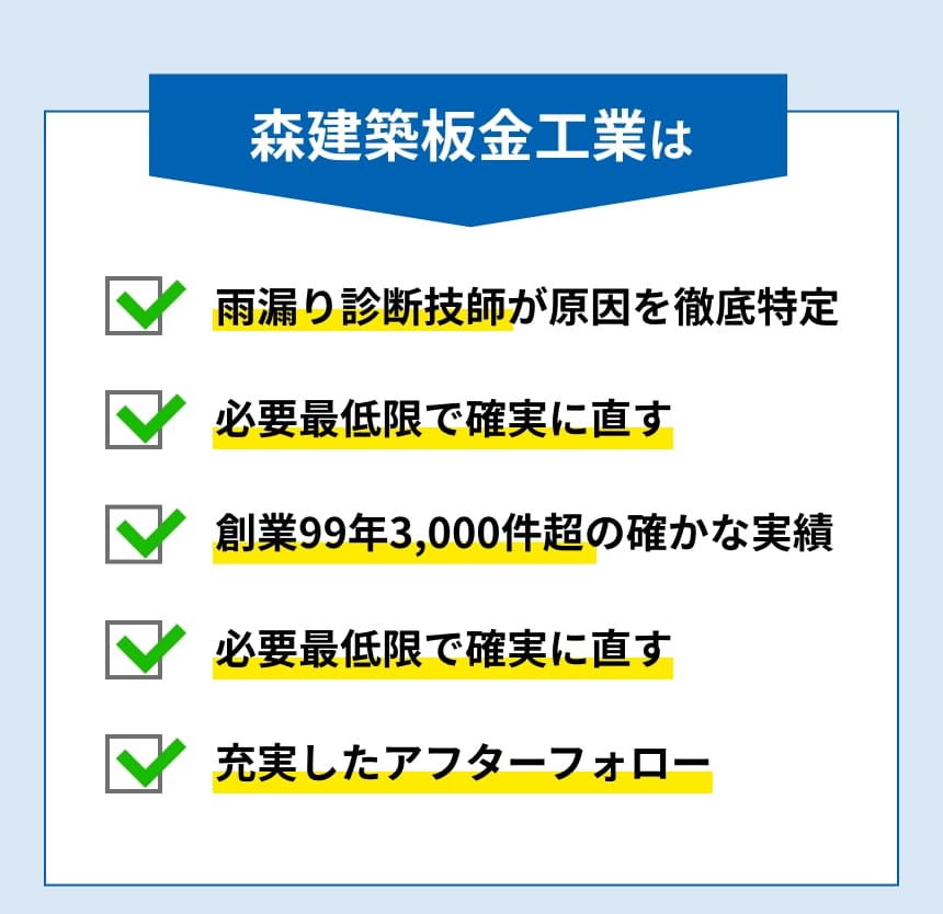 森建築板金工業は、雨漏り診断士が原因を徹底特定。必要最低限で各自に直す.